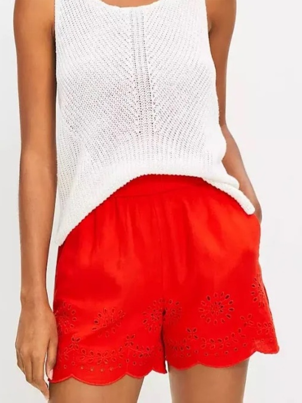 Loft Pull On Shorts Eyelet Linen Blend Scalloped Hem Large Red Orange Small